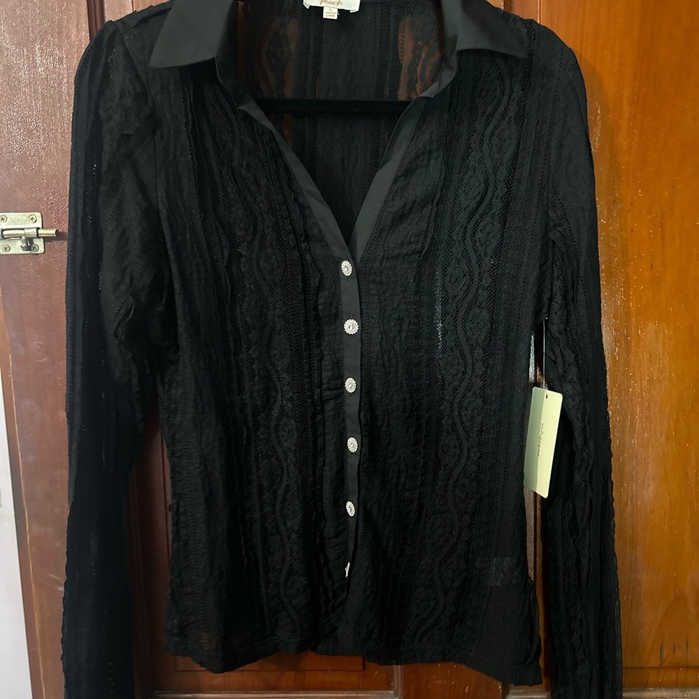 Chic Black Lace Button-Down Shirt